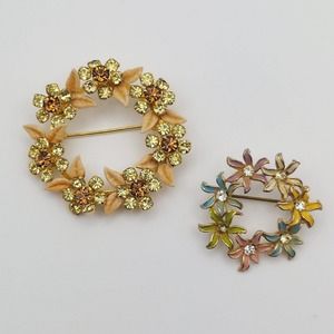 Floral Wreath Brooch Lot of 2 Enamel Rhinestone Round Flower Pins Multi Tone